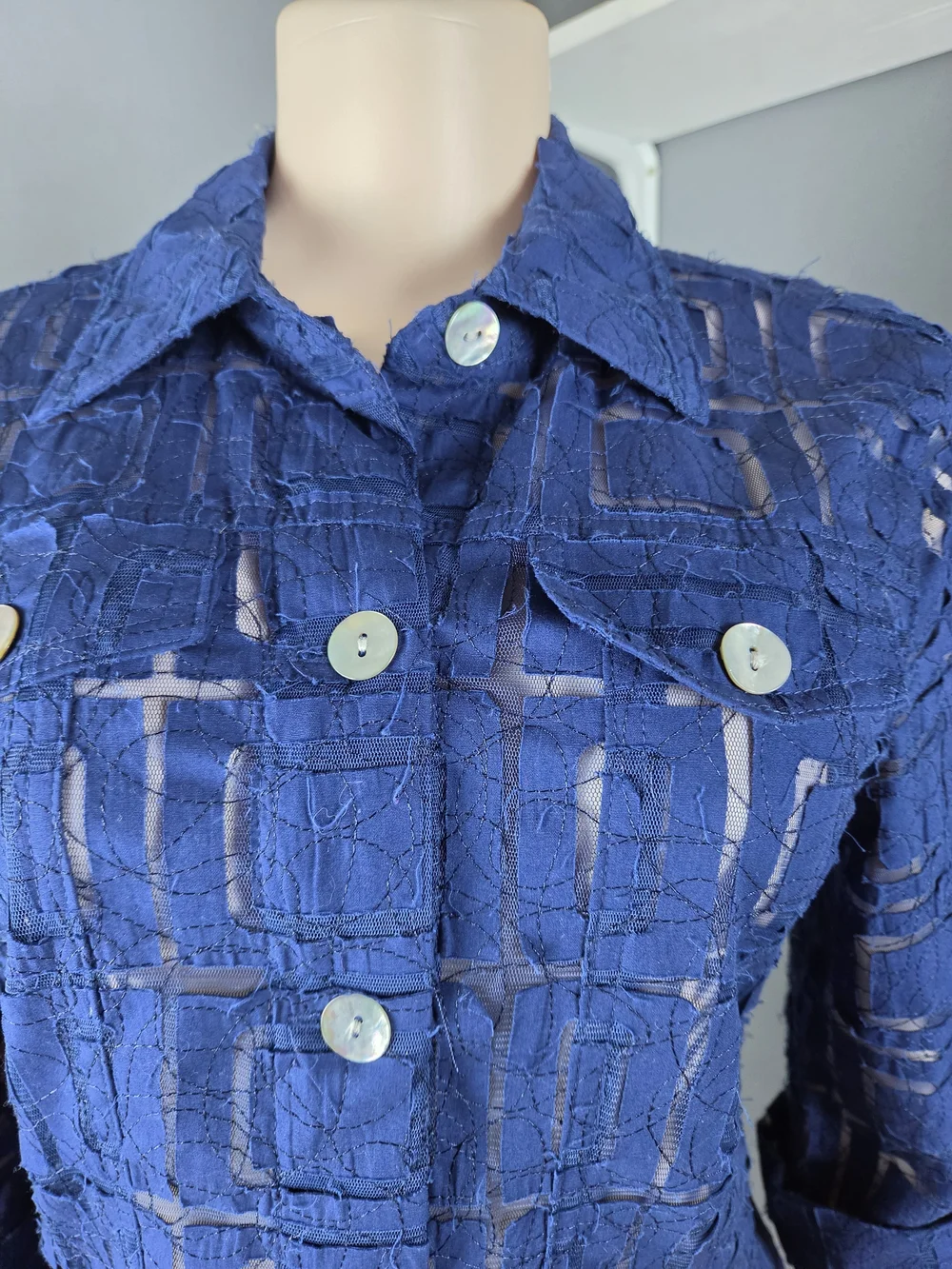 Ruby Rd. Navy Sheer Textured Button-Front Jacket - Picture 3 of 8